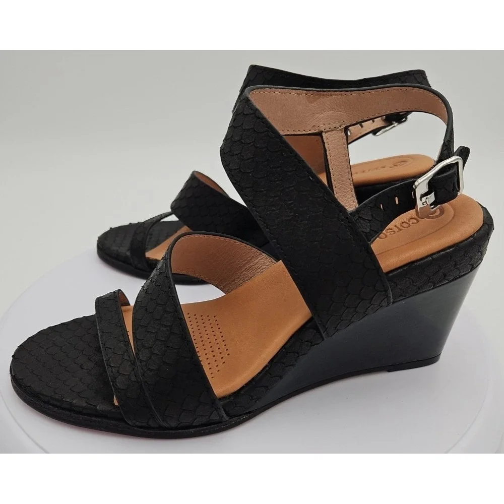 CC Corso Como NASHILA Black Leather W/7.5 Snake Accent Wedge Strappy Sandal NWOB